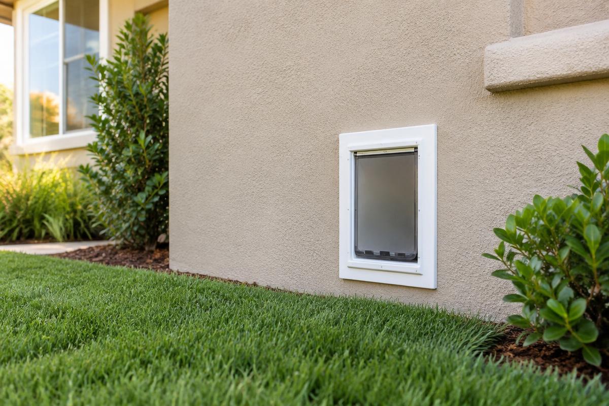 Premium pet door installed through a stucco wall